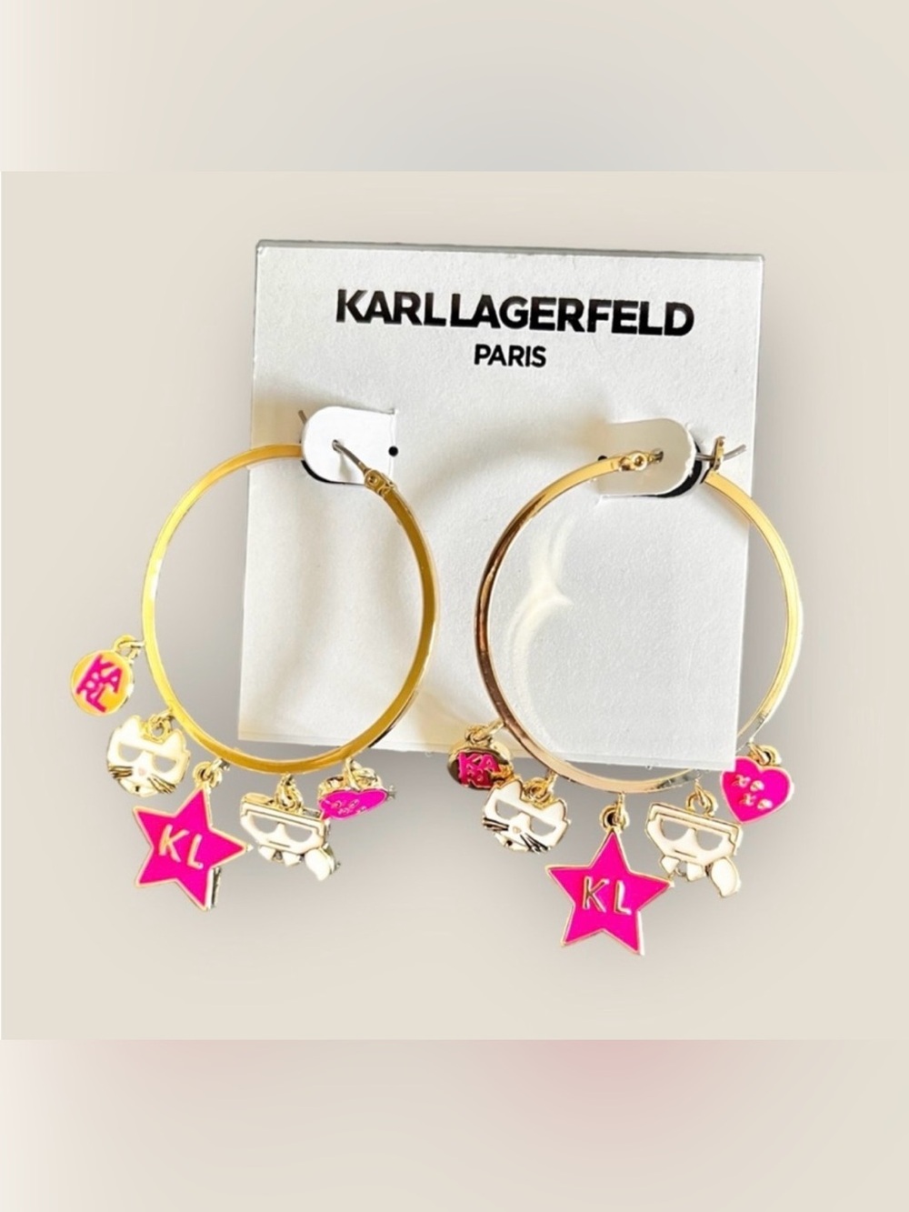 Karl Lagerfeld 🌸KL1032 Earrings with Bright Pink Star & Charm Drops-New